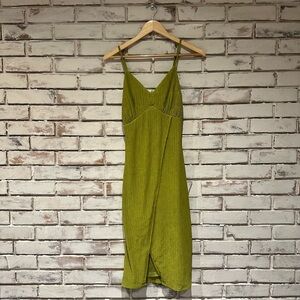 Lulus View and I Chartreuse Tie-Back Faux-Wrap Midi Dress